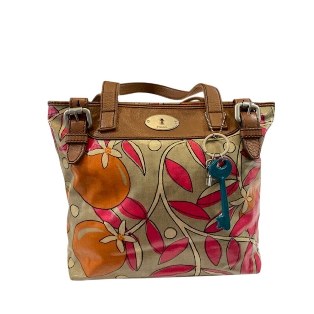 Fossil-Key-Per Coated Pattern in Tan W/Orange & Pink Floral Print